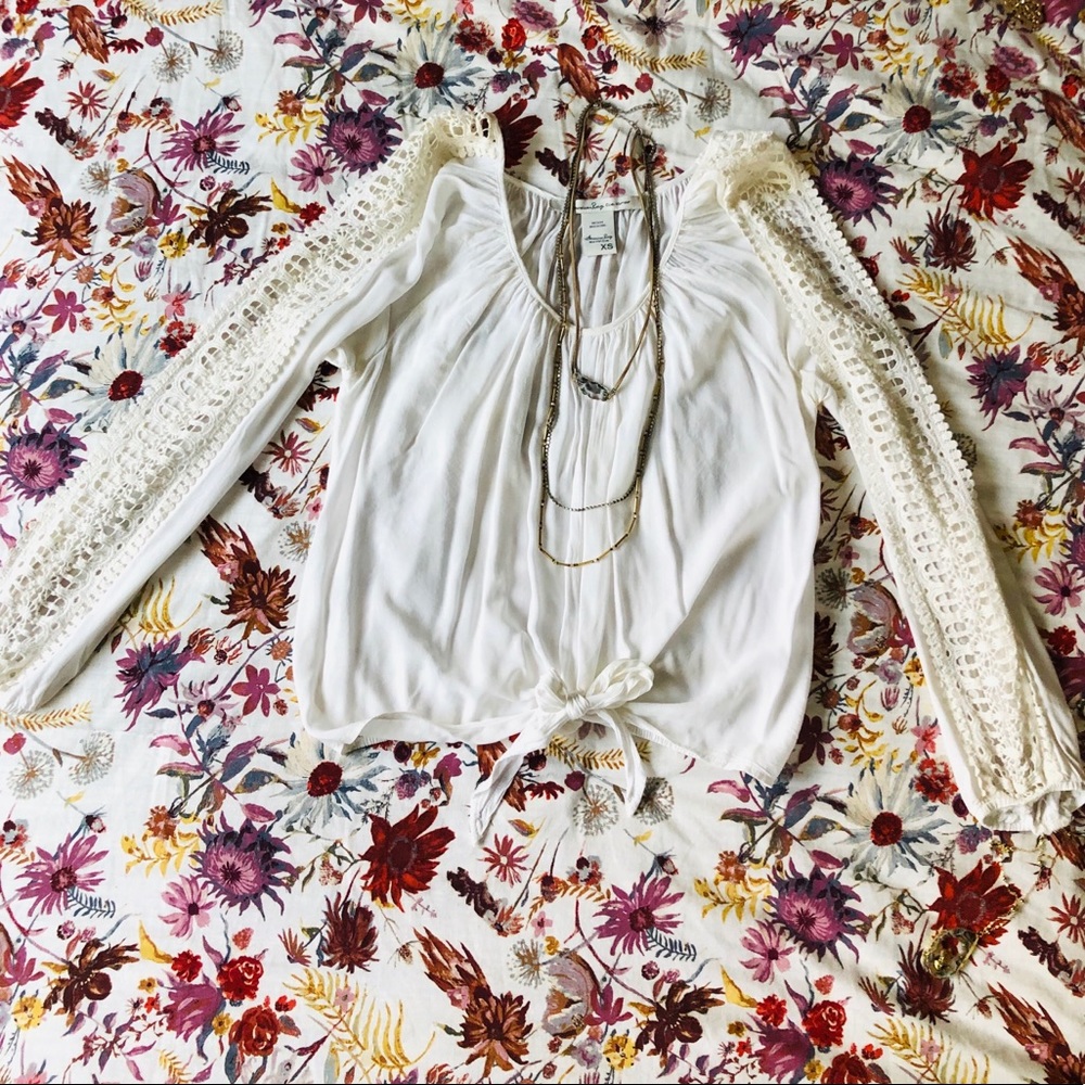 American Rag Lace Sleeve Tie Front Blouse